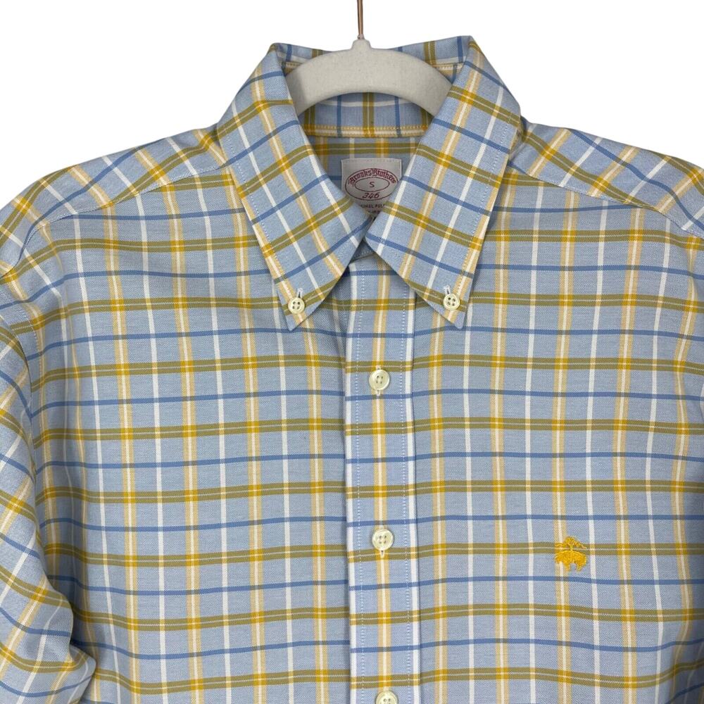 Brooks Brothers 346 Dress Shirt Men Small Blue Yellow Plaid Button Down Non Iron